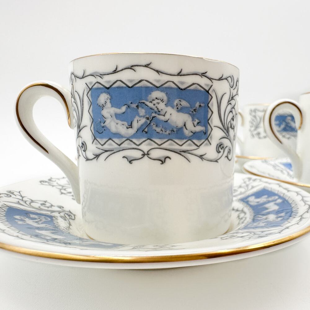 Coalport Revelry Demitasse Coffee Cups Saucers Set of 4 Cupid Scrolls Grey Blue - Picture 4 of 13